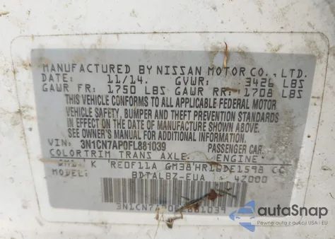 2015 Nissan Versa 1.6 Sv z USA, uszkodzony, nr VIN 3N1CN7AP0FL881039